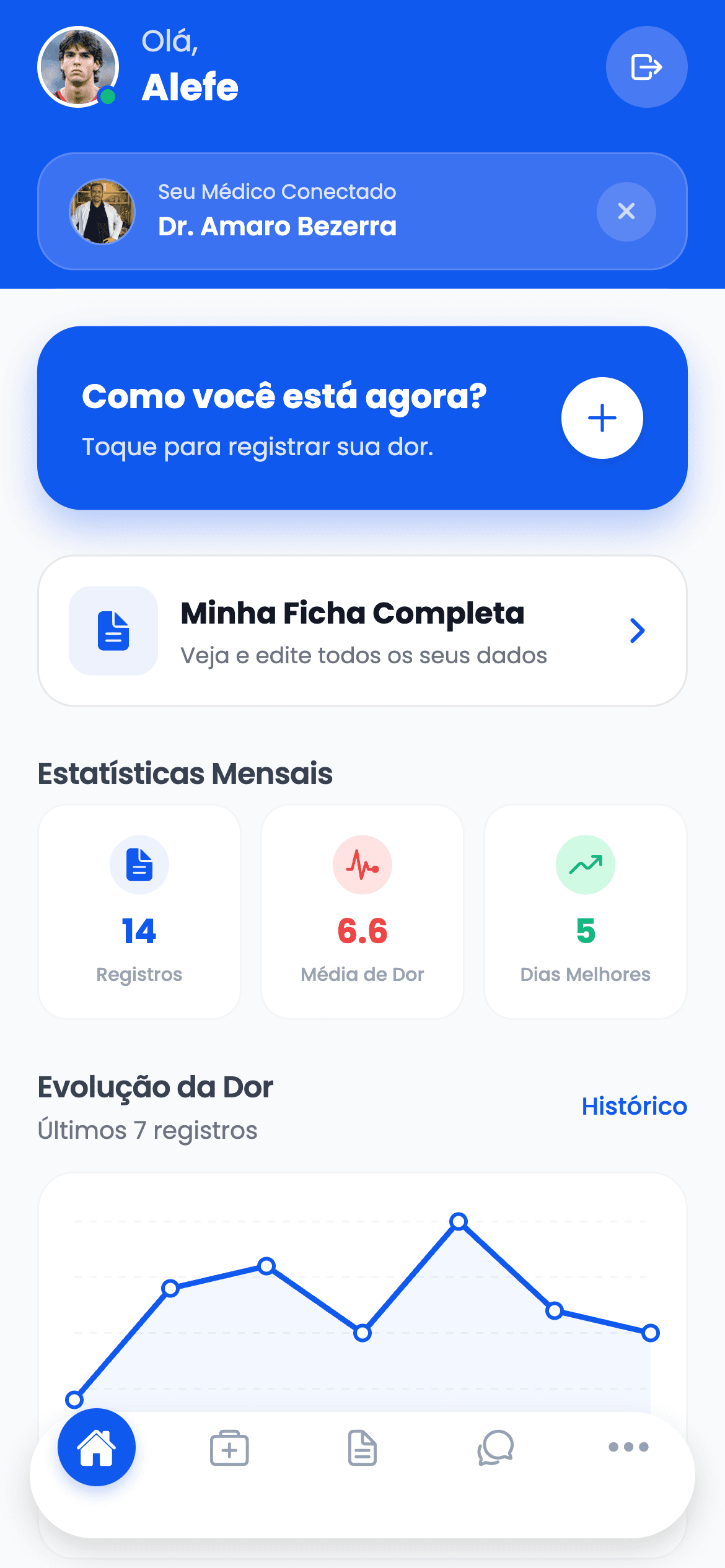 Tela inicial do aplicativo Vida Alívio com dashboard de dor e estatísticas