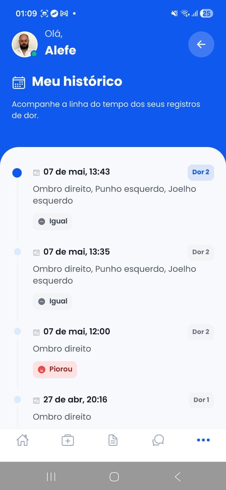 Meu histórico, captura de tela do app Vida Alívio